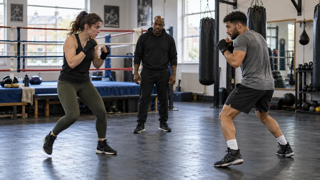 Two adult recreational boxers rehearsing a no-contact rhythm and range drill under coach supervision in a community boxing gym