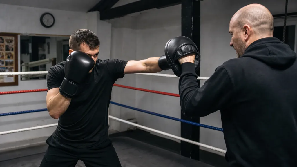 Adult recreational boxer landing a controlled straight punch to a focus mitt in a modest community boxing gym
