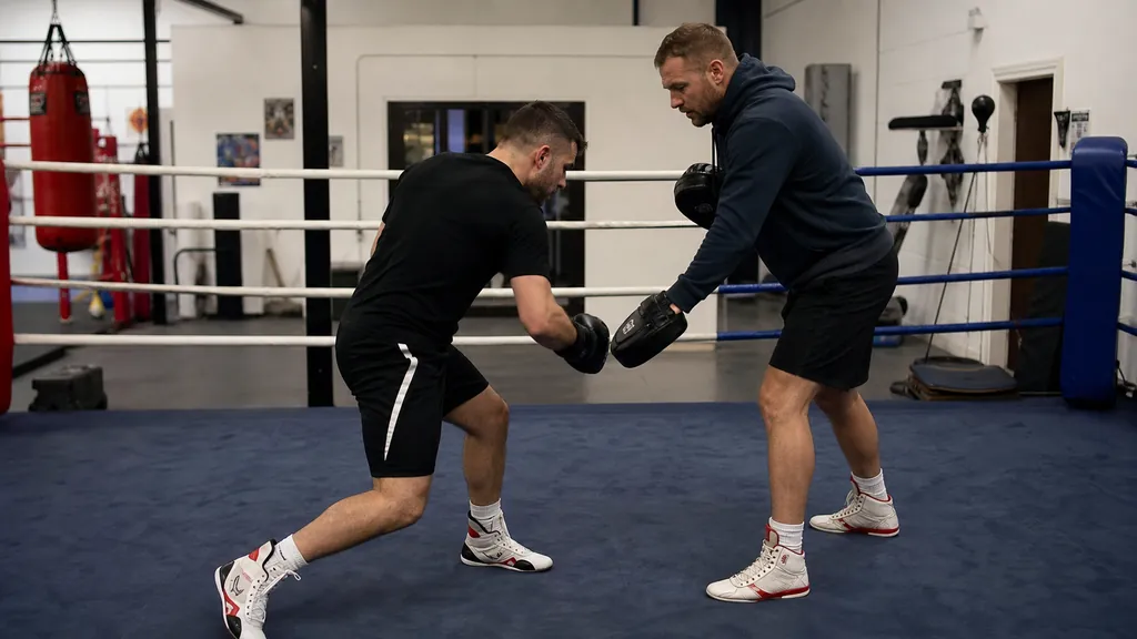 Adult boxer and coach practising a controlled body-shot focus-mitt drill in a community boxing gym