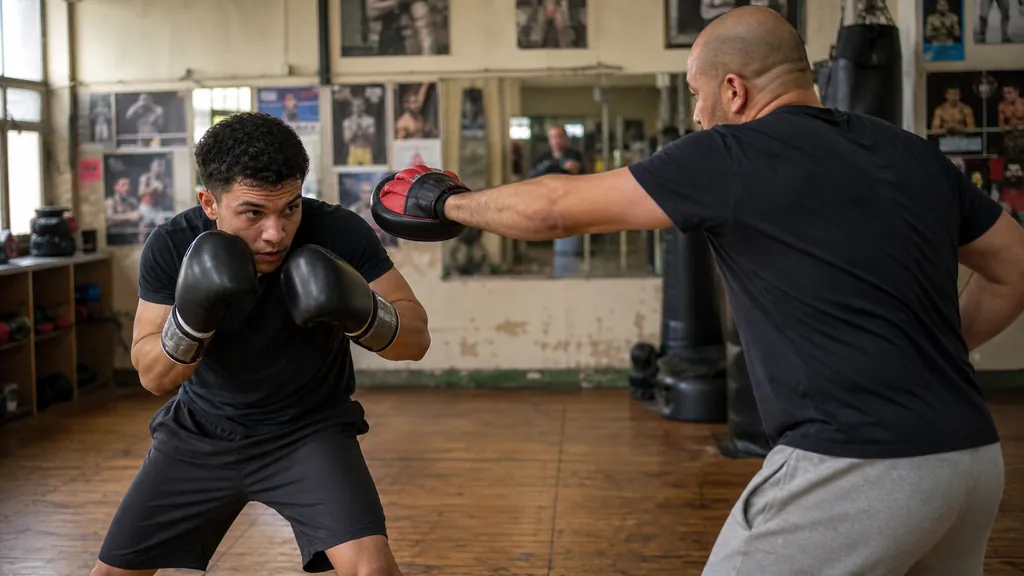 Adult boxer making a compact inside slip in a slow coached jab-defence drill