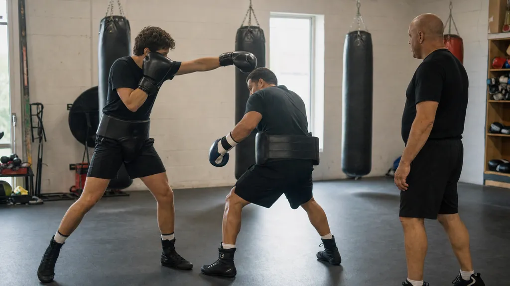 Two adult boxers rehearsing a slow jab-slip-body-hook pattern with a coach supervising the distance