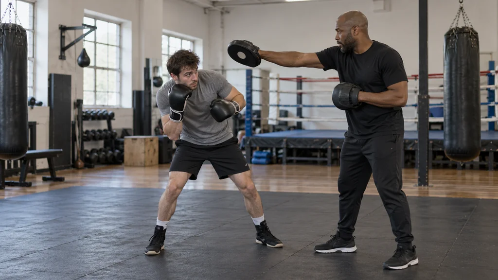 Adult recreational boxer holding a compact outside slip with both gloves high during a coached mitt drill
