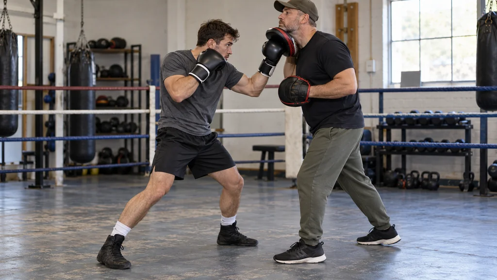 Coach holding a close focus mitt while an adult boxer lands a light compact rear uppercut with the lead hand guarding