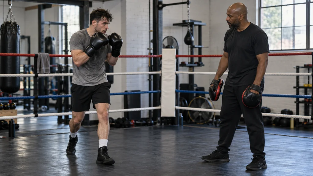 Adult boxer resetting in a balanced orthodox stance with both gloves high after a controlled mitt drill