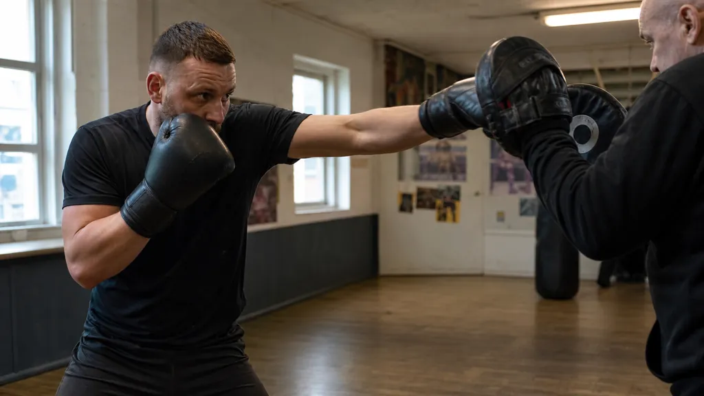 Adult boxer landing a controlled jab on focus mitts while keeping the rear glove close to the cheek