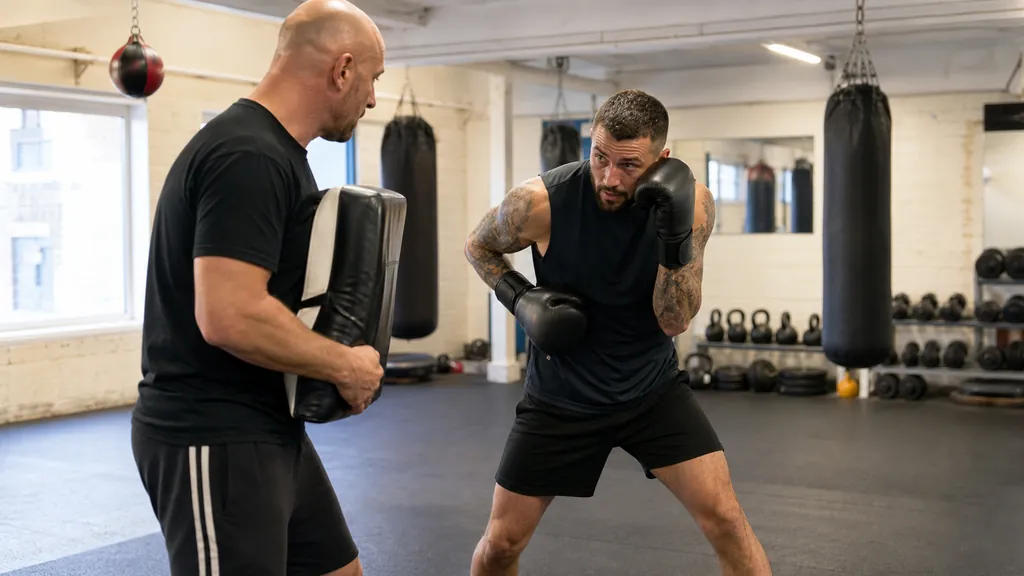 Coach holding a body shield while an adult boxer practises a short lead hook after a controlled outside slip