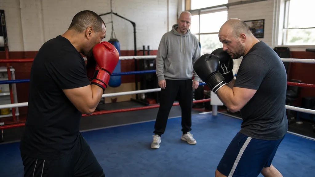 Two adult boxers resetting in guard after a slow jab-slip-body-hook technical drill under coach supervision