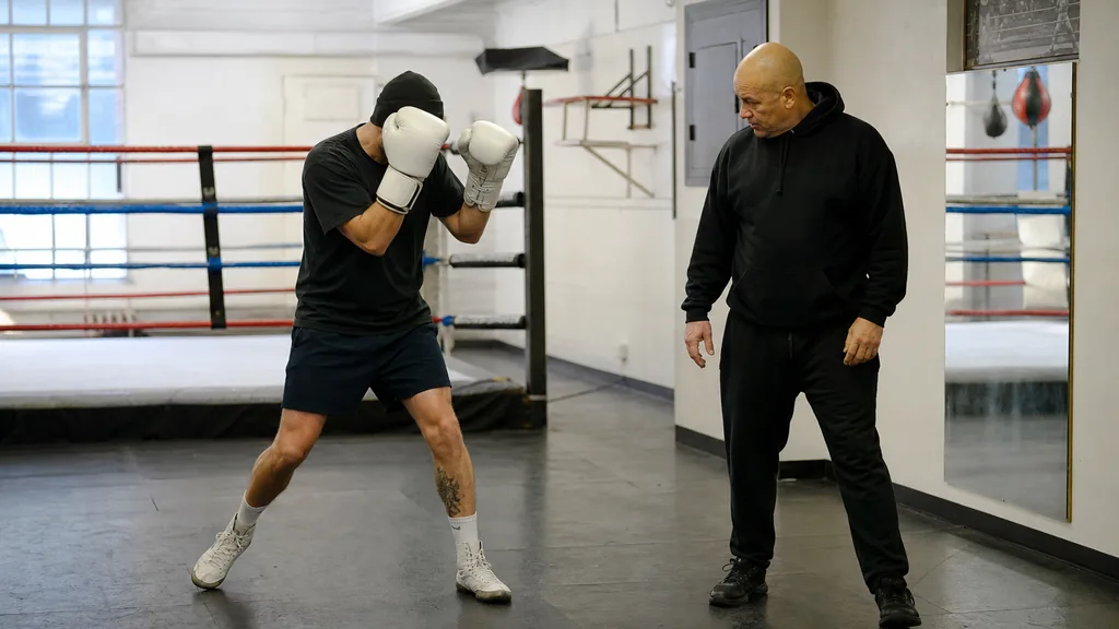 Coach observing an adult boxer finishing a small pivot after a controlled defensive movement, both hands in guard