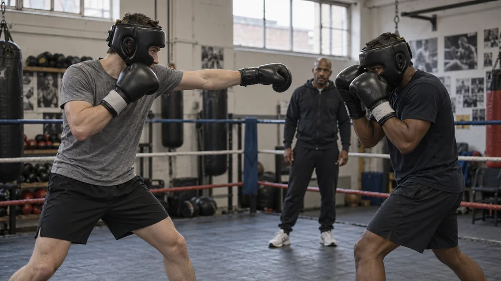 Adult boxer using a measured jab while keeping the rear glove high during a coached timing drill