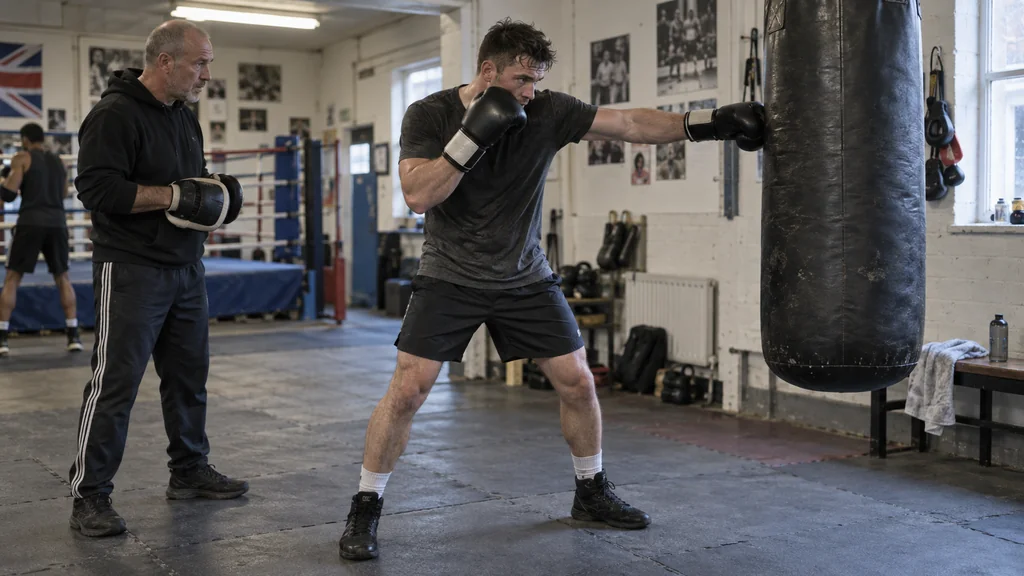 Adult boxer working a heavy bag from a balanced stance while a coach watches a jab-and-cross timing drill