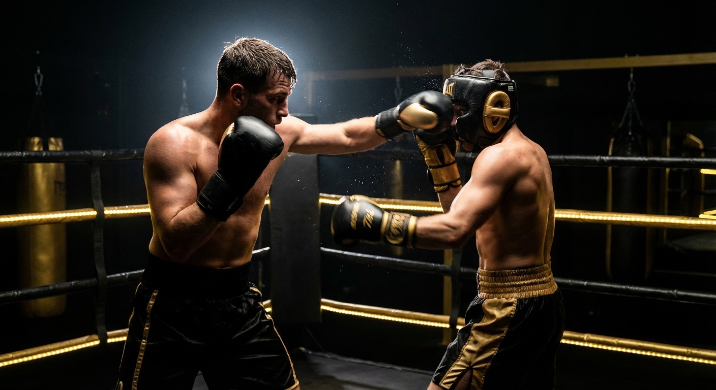 Two boxers in open stance, the southpaw working the outside angle