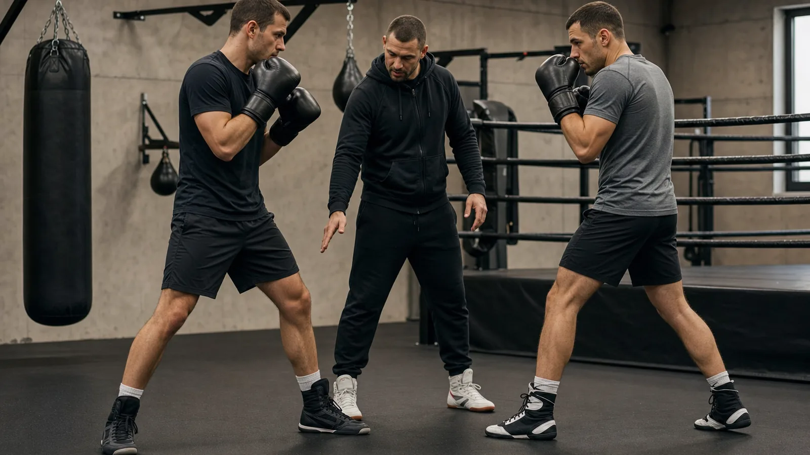 Two adult boxers drilling orthodox vs southpaw lead-foot positioning