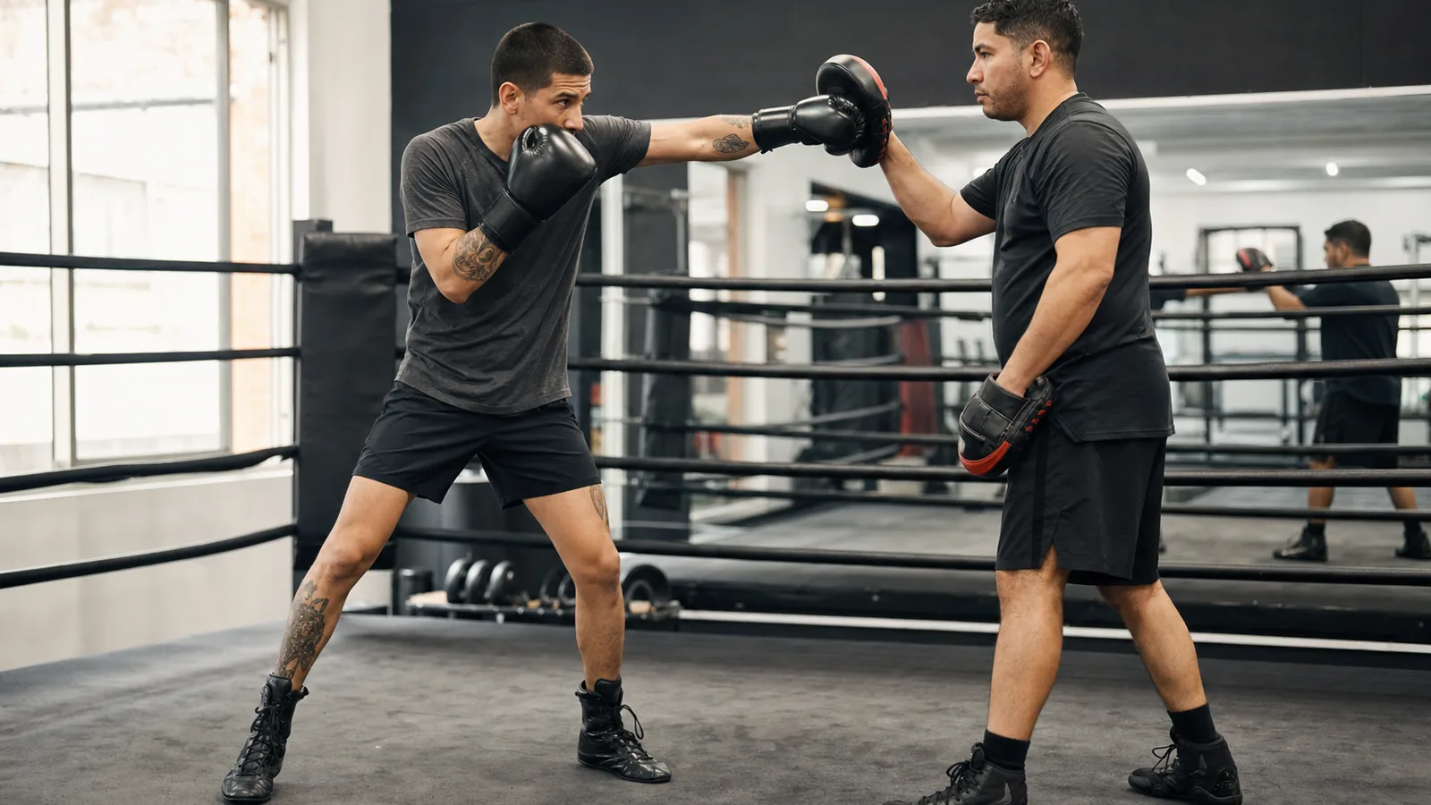Coach checking an adult boxer's southpaw stance in an unbranded boxing gym