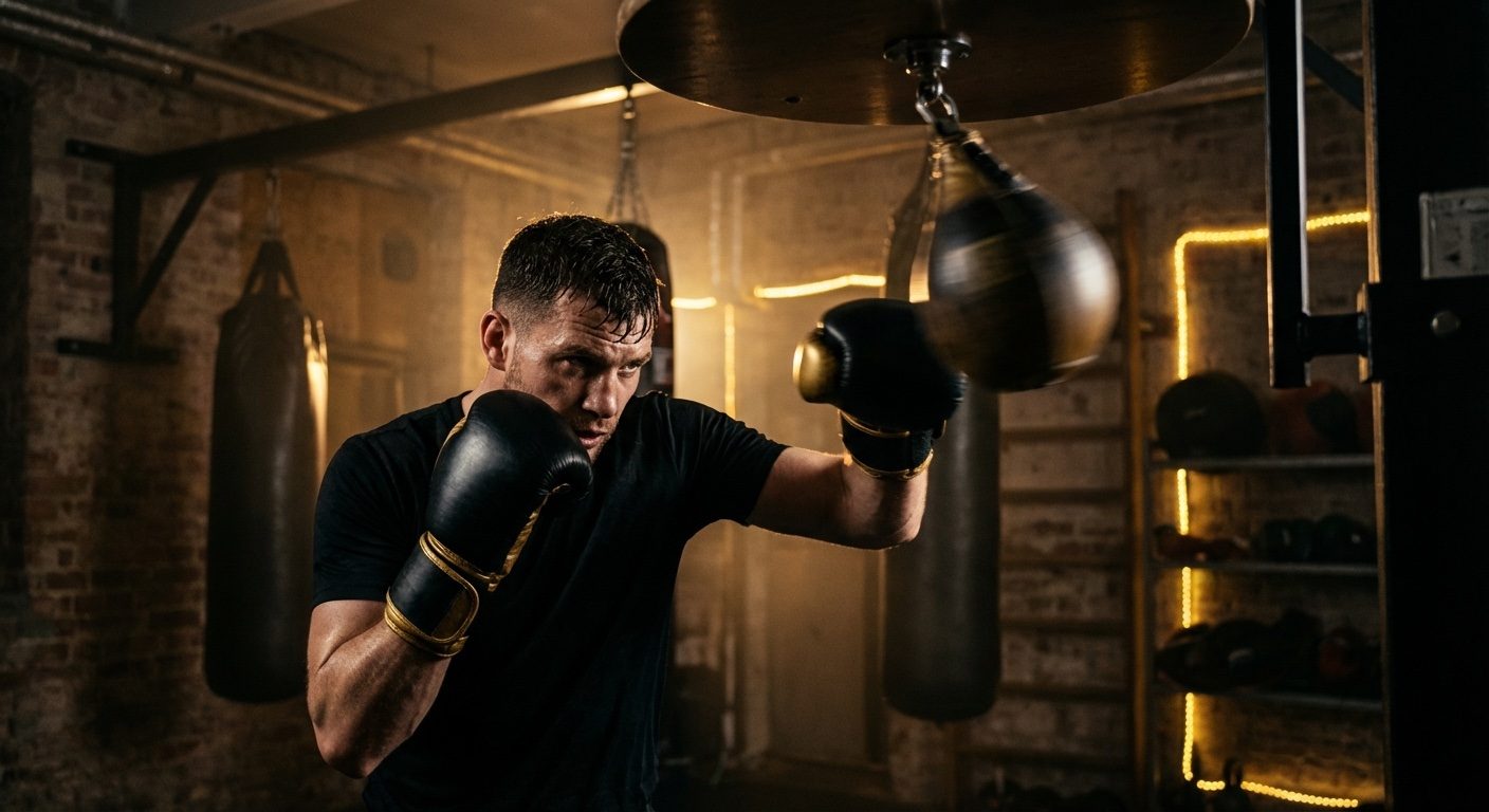A boxer practising on a speed bag in a professional boxing gym with dark lighting and gold accents