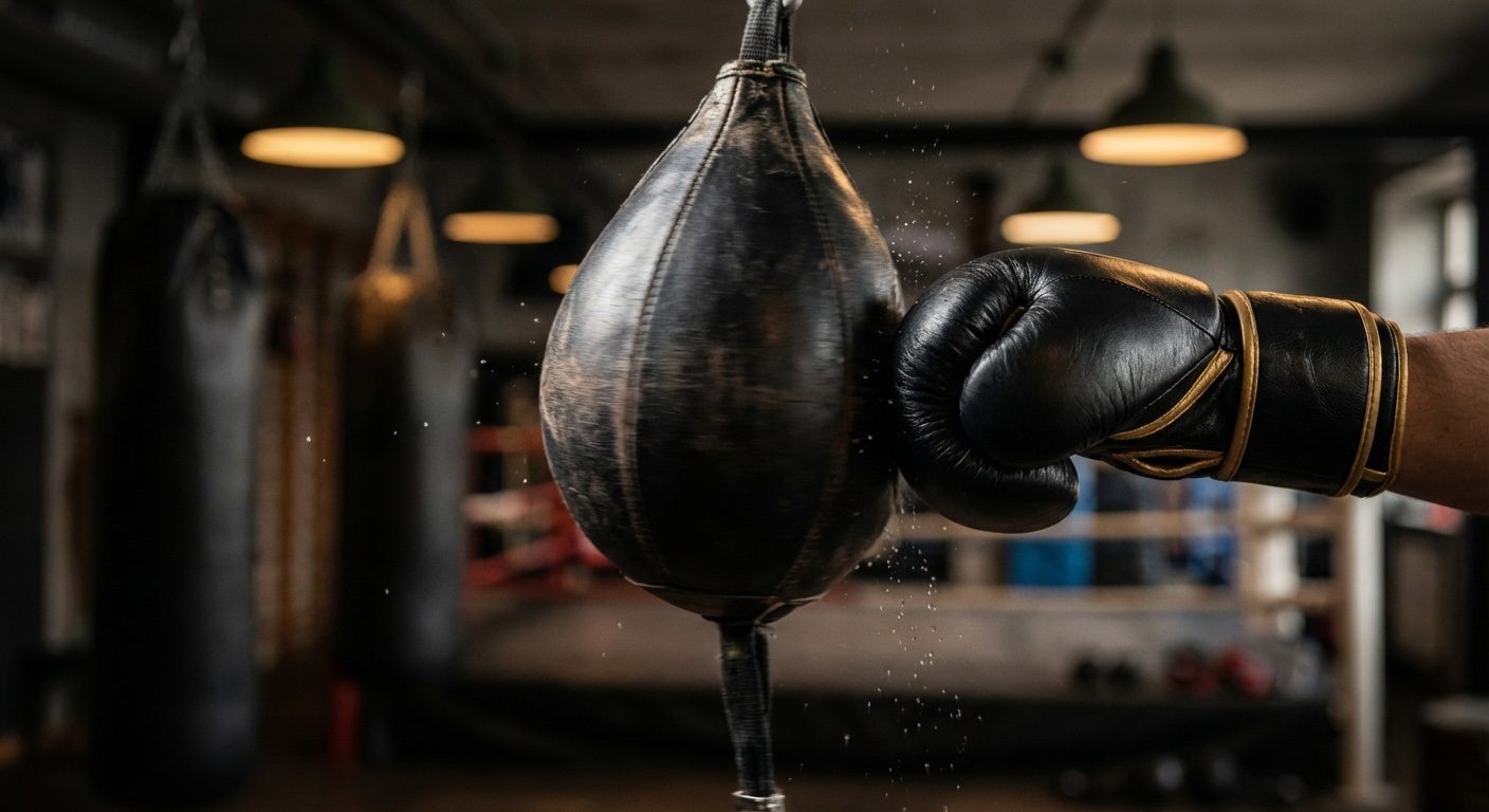 Close-up of gloved hands hitting a speed bag with precise technique, dramatic gym lighting