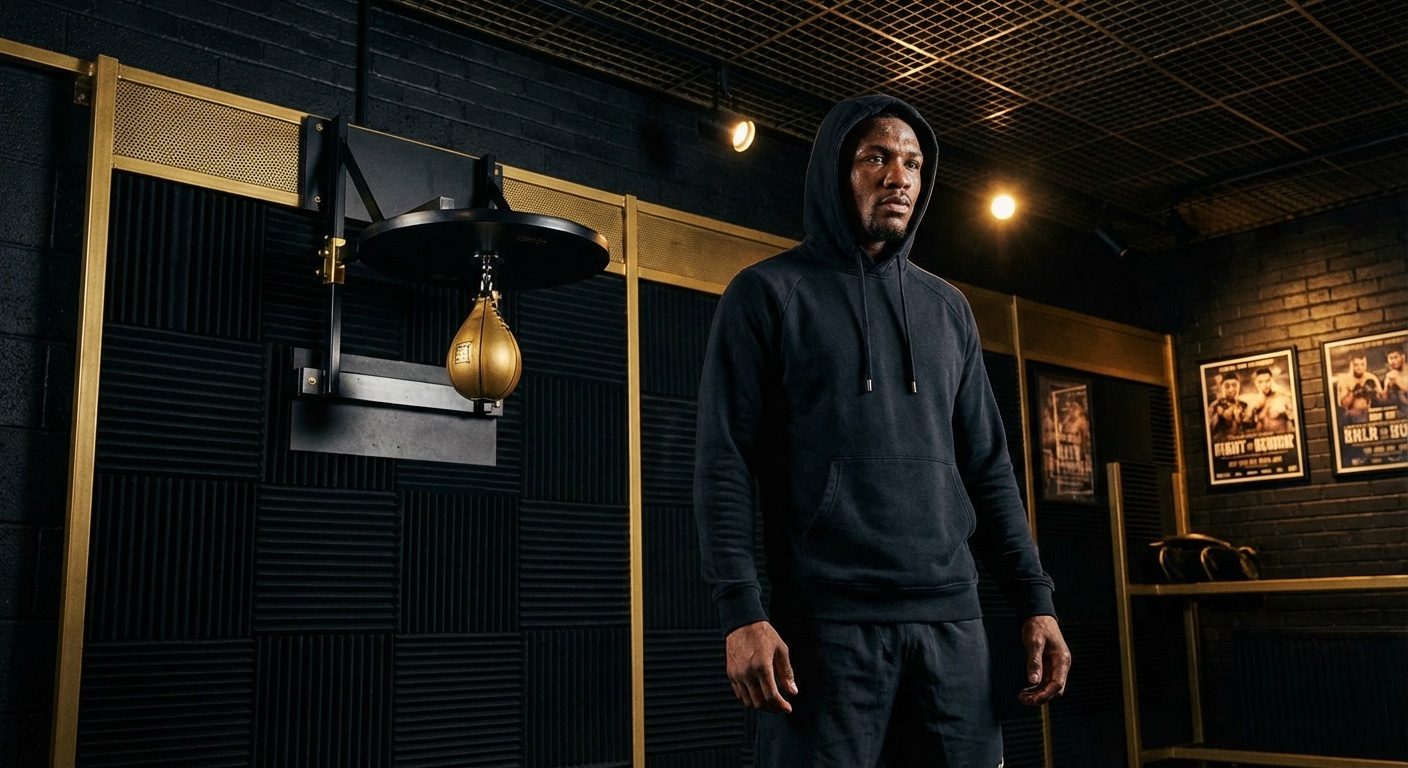 Boxer standing confidently in front of a speed bag platform in a professional boxing gym with black and gold aesthetic