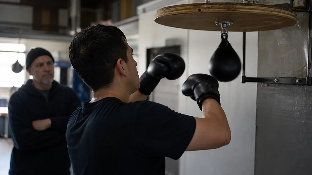 Adult boxer standing close to a speed bag with relaxed bent elbows and compact hand position in a modest community boxing gym