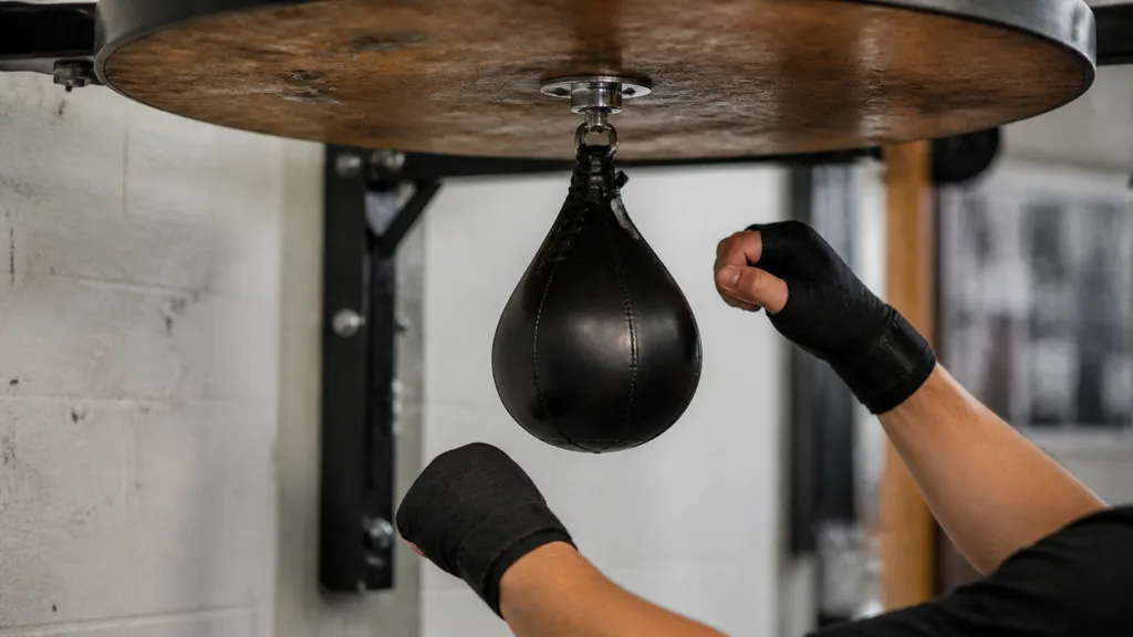 Close-up of an adult boxer's gloved hands using small controlled circles on a speed bag with no branding or readable text