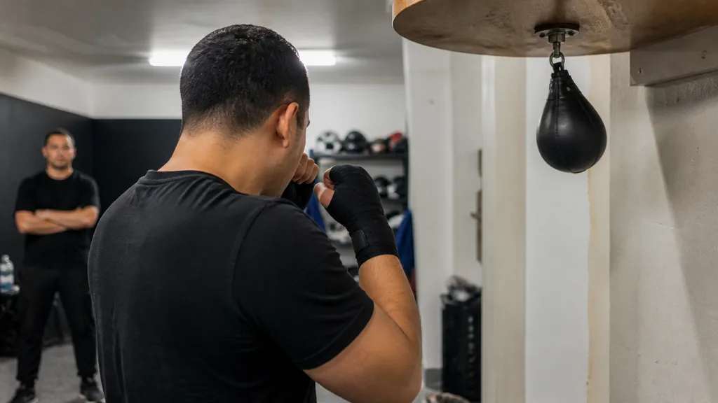 Coach watching an adult beginner pause in balanced boxing stance between controlled speed bag repetitions in a community gym