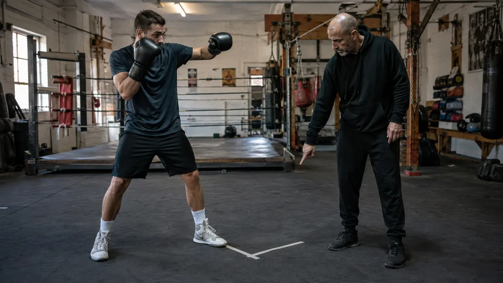 Adult boxer throwing a controlled rear straight while a coach marks a safe lead-foot angle with floor tape in a modest community boxing gym