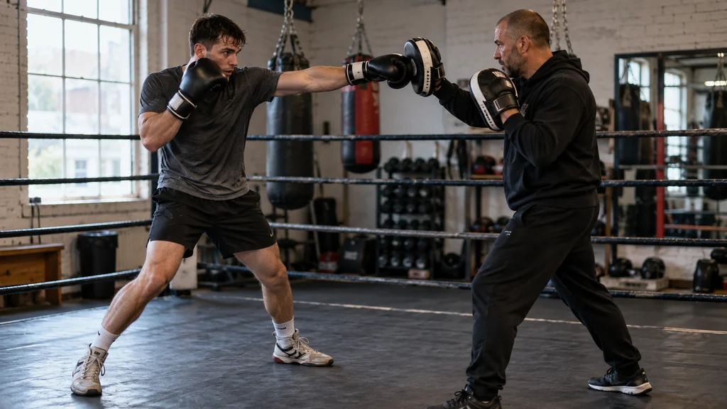 Adult boxer landing a controlled jab on a coach-held focus mitt while keeping the rear glove near the cheek