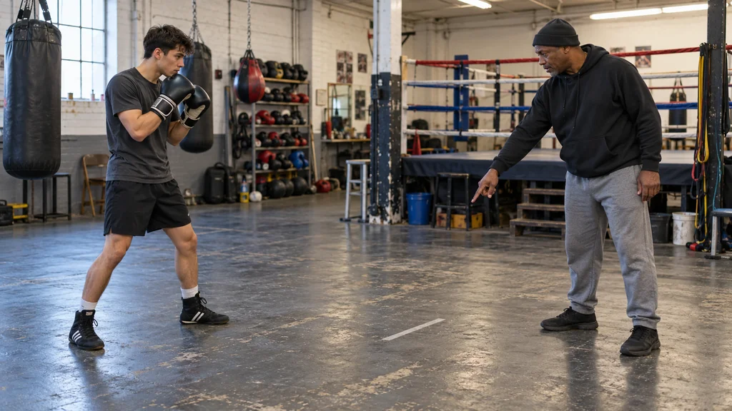 Coach pointing to a floor range marker while an adult boxer holds a balanced guard in a community boxing gym