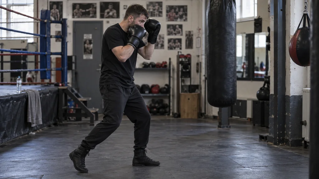Anonymous adult boxer taking a short step back with a compact lead-hand shield and rear glove close to the cheek in a community boxing gym
