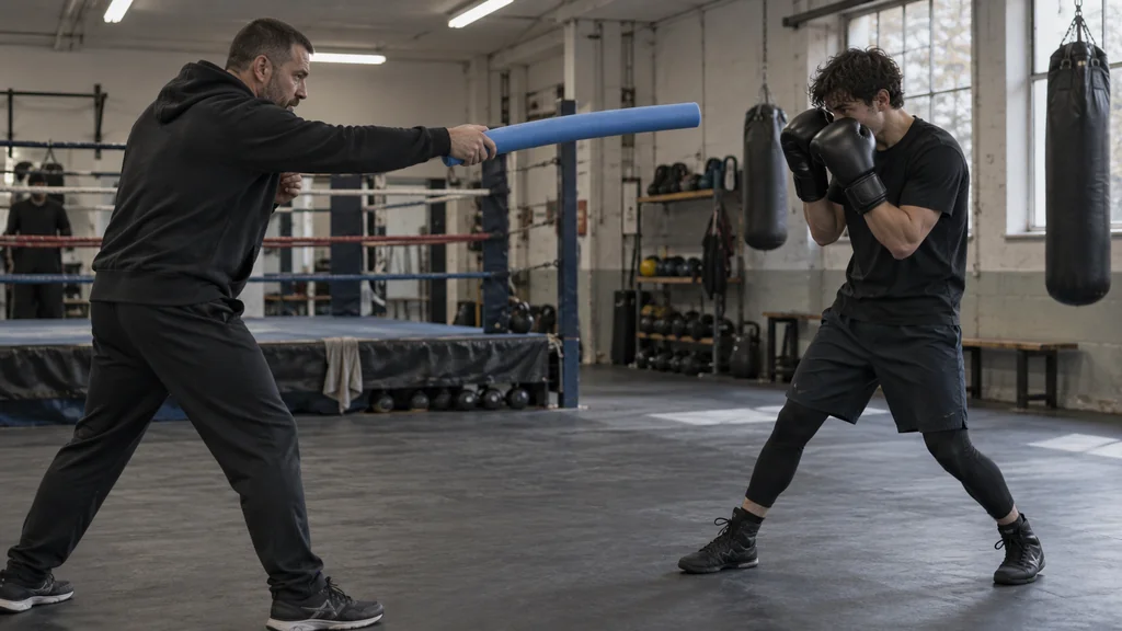 Coach presenting a slow foam-noodle jab cue as an adult boxer steps back in stance with both gloves protecting the head in an unbranded boxing gym