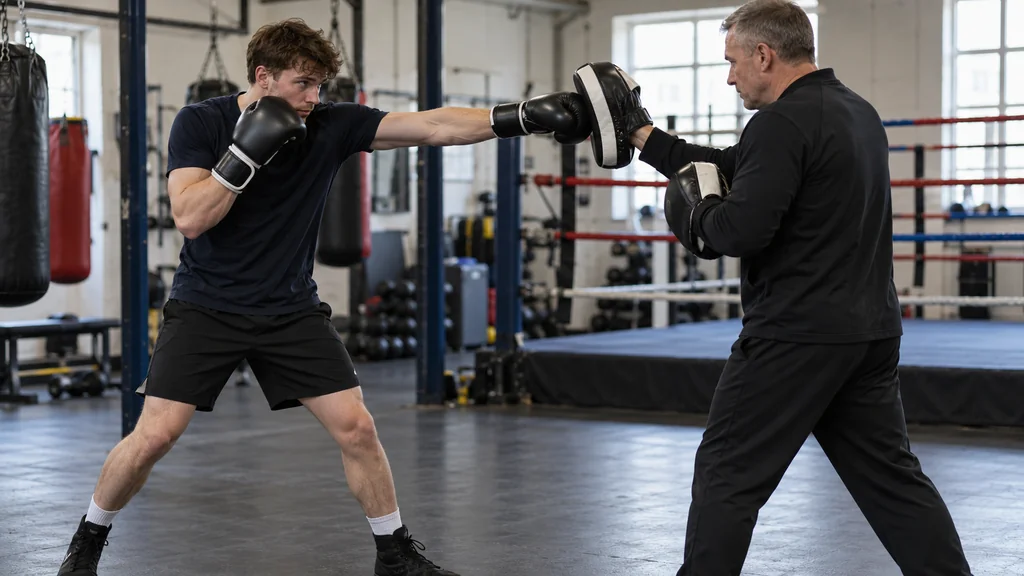 Adult boxer landing a controlled firm lead jab on a coach-held focus mitt while keeping a high rear-hand guard in an unbranded community gym