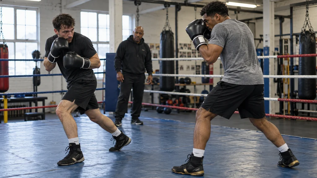 Adult boxer resets with both gloves in guard after a measured jab while a partner advances slowly in a controlled community-gym drill