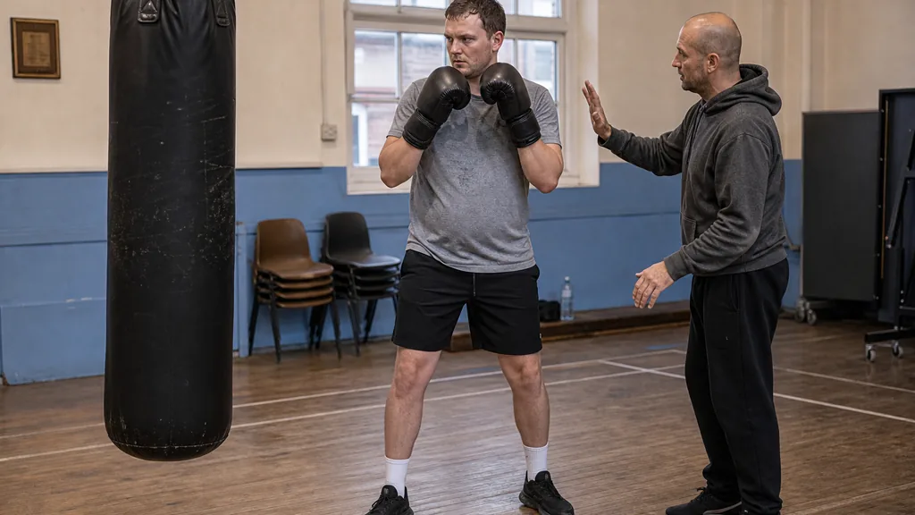 Adult recreational boxer standing close to a heavy bag with hands high while a coach watches range and guard