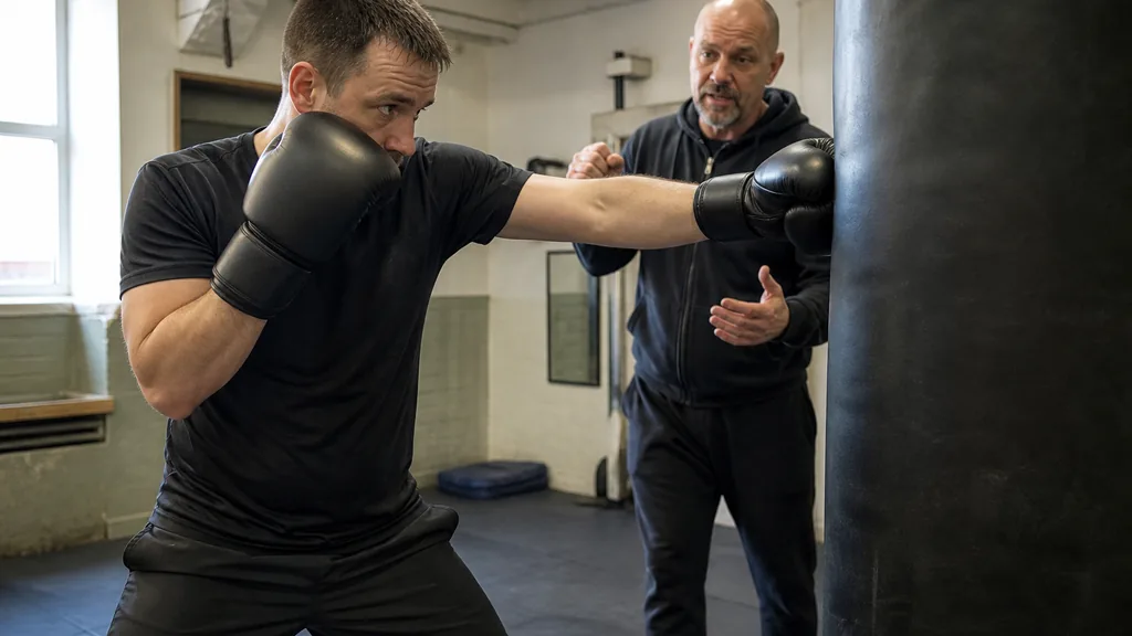 Adult boxer using a light lead-glove frame against a heavy bag while a coach checks the rear guard