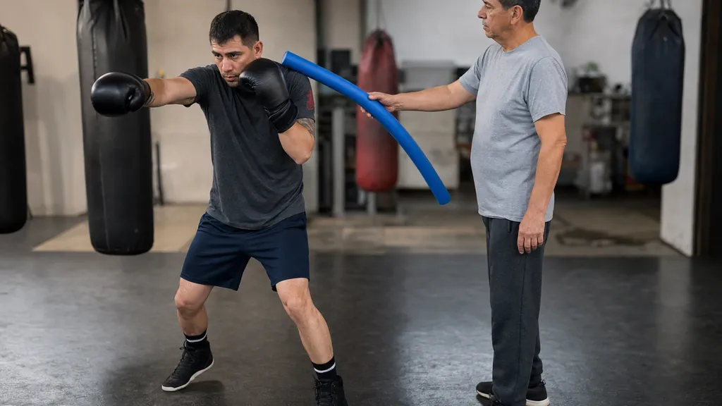 Coach watching an adult boxer practise a straight punch with shoulder cover