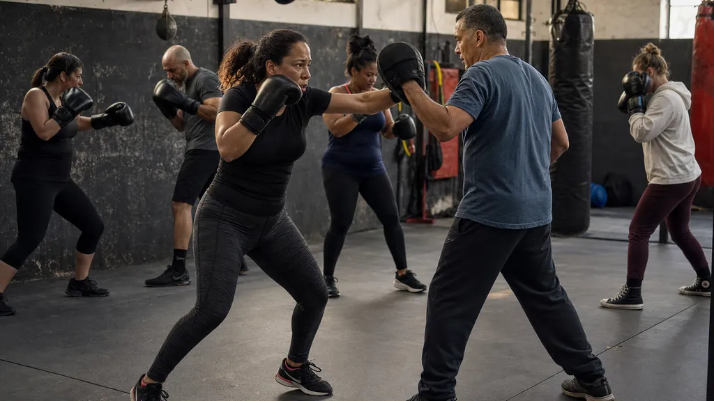Adult boxer shadow boxing slowly while checking shoulder cover and rear-hand guard