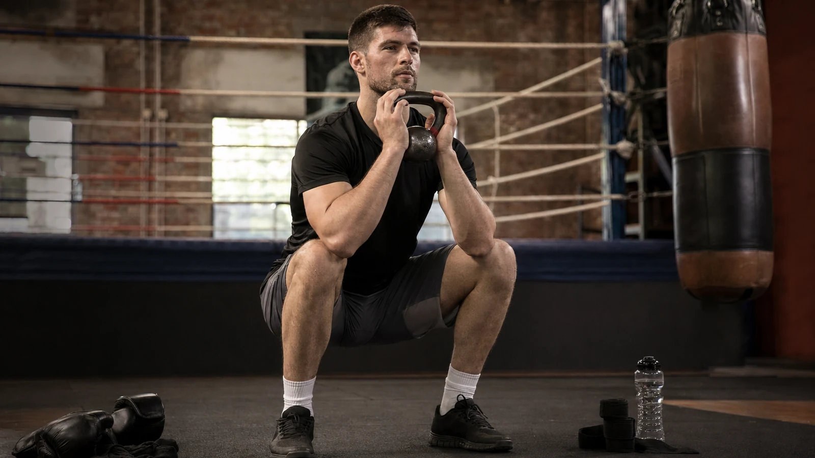 A boxing gym at dawn, heavy bags hanging in dim light, boxing gloves on a bench beside running shoes