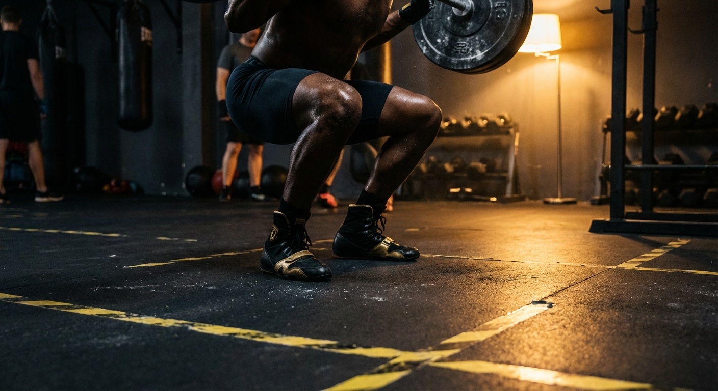 A boxer performing squats in a dark gym with gold lighting, heavy weights visible in the background