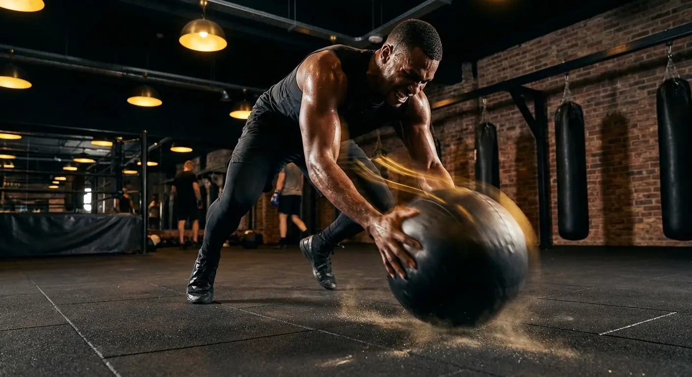 A boxer performing medicine ball slams in a black and gold boxing gym, demonstrating explosive core training