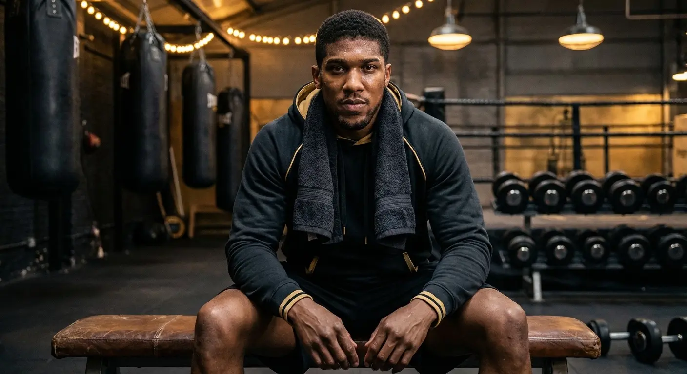 A boxer resting between sets in a well-equipped gym, black and gold equipment visible, focused and composed