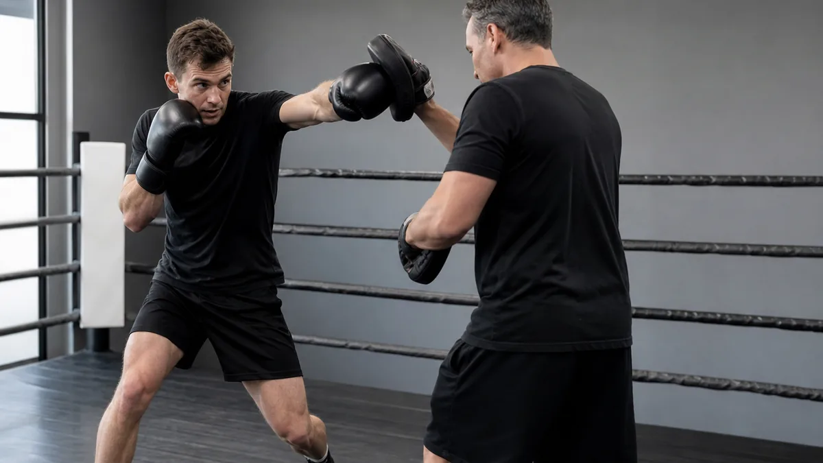 Coach holding pads while an anonymous boxer practises switch-hitting angles