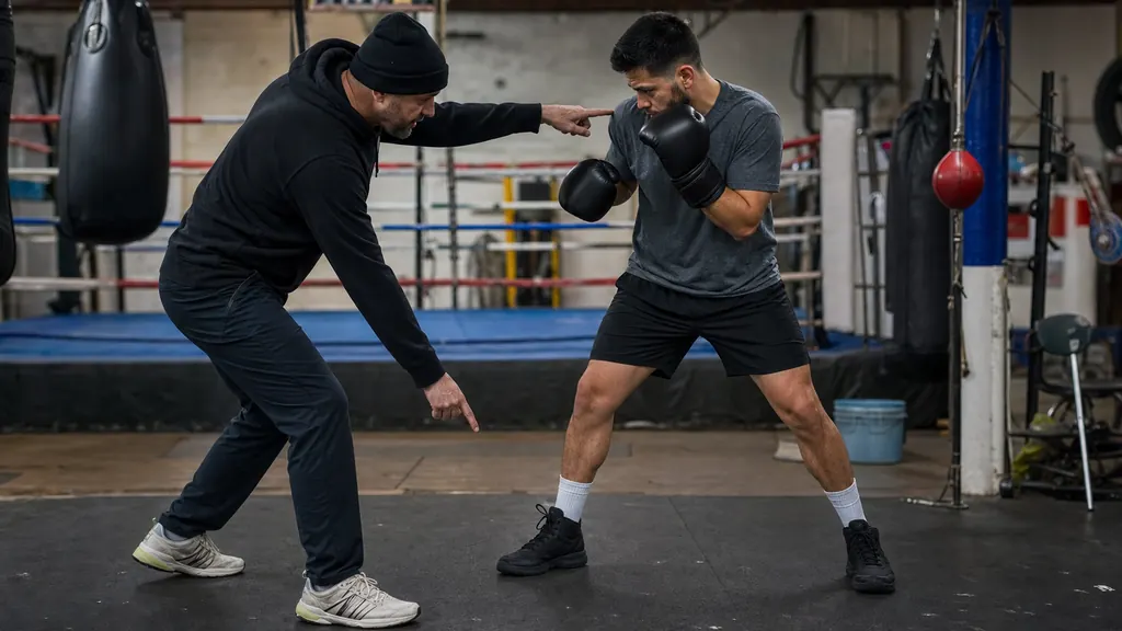 Coach studying an adult boxer's lead hand and shoulder during a controlled jab drill