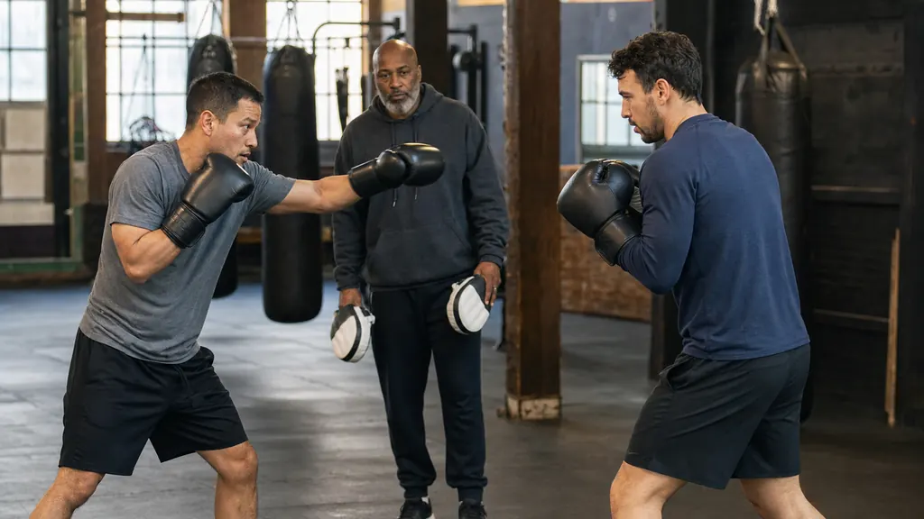 Adult boxer practising a compact jab while a coach watches the lead shoulder and guard recovery