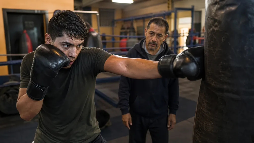 Two adult boxers drilling jab timing while a coach controls the pace with focus mitts