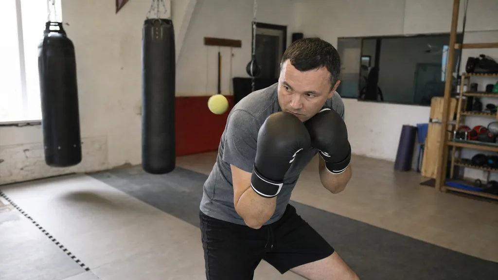 Coach softly tossing a tennis ball as an adult boxer performs a controlled slip in a plain community gym