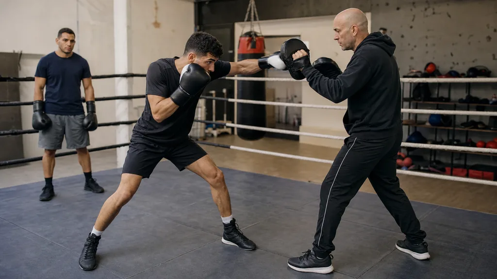 Adult boxer returning a controlled combination to focus mitts after a small defensive movement during coached pad work