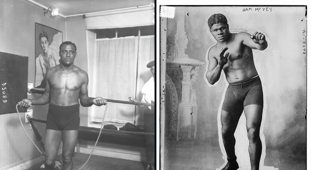 Joe Jennette training with a skipping rope in 1913 and Sam McVea in a period press photograph