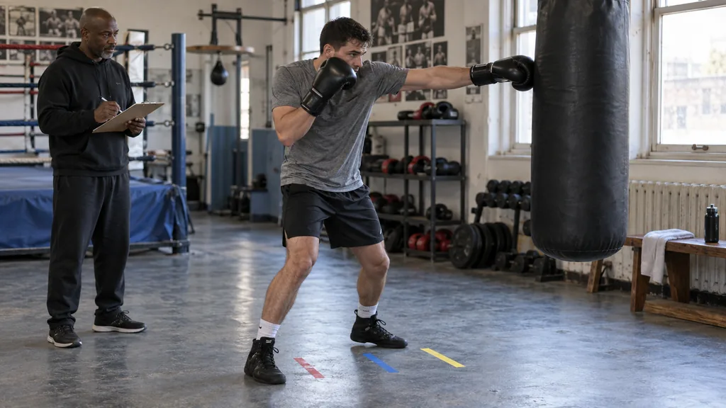 Anonymous adult boxer using three short floor markers to practise a compact lead-hand touch on a plain heavy bag during a coached gym drill