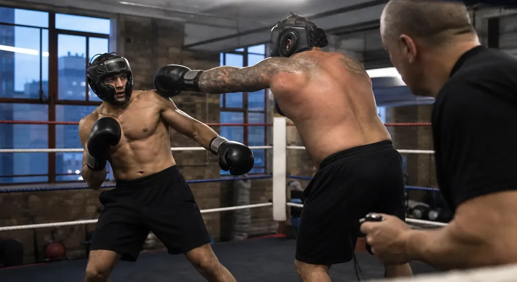 A realistic boxing gym scene showing a coach working distance and footwork with an adult beginner