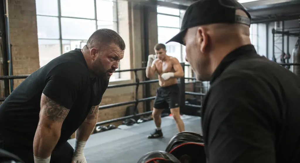 Adult boxers in a modest gym practising controlled pressure and movement under coaching supervision