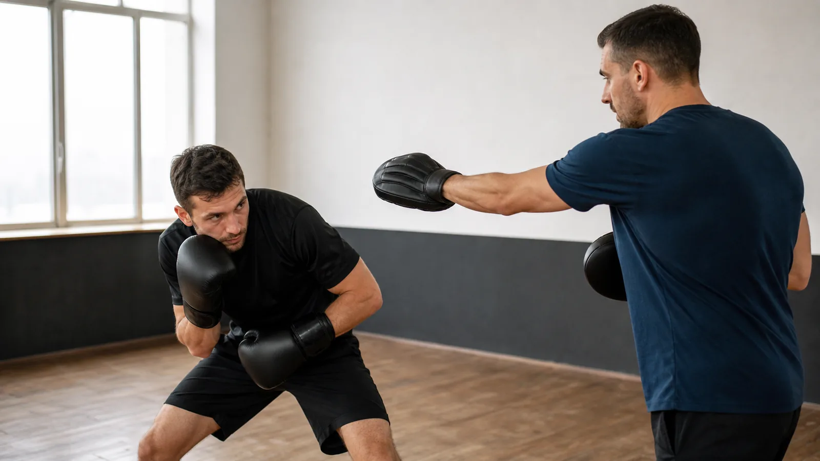 Adult recreational boxer making a small outside slip below a soft lead-hand coaching cue, eyes forward and rear glove tight to the cheek