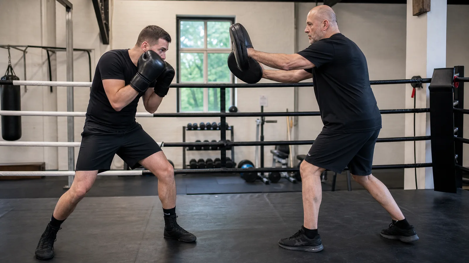 Coach holding focus mitts while an adult boxer finishes a compact slip in a balanced stance before a controlled straight-punch target is shown